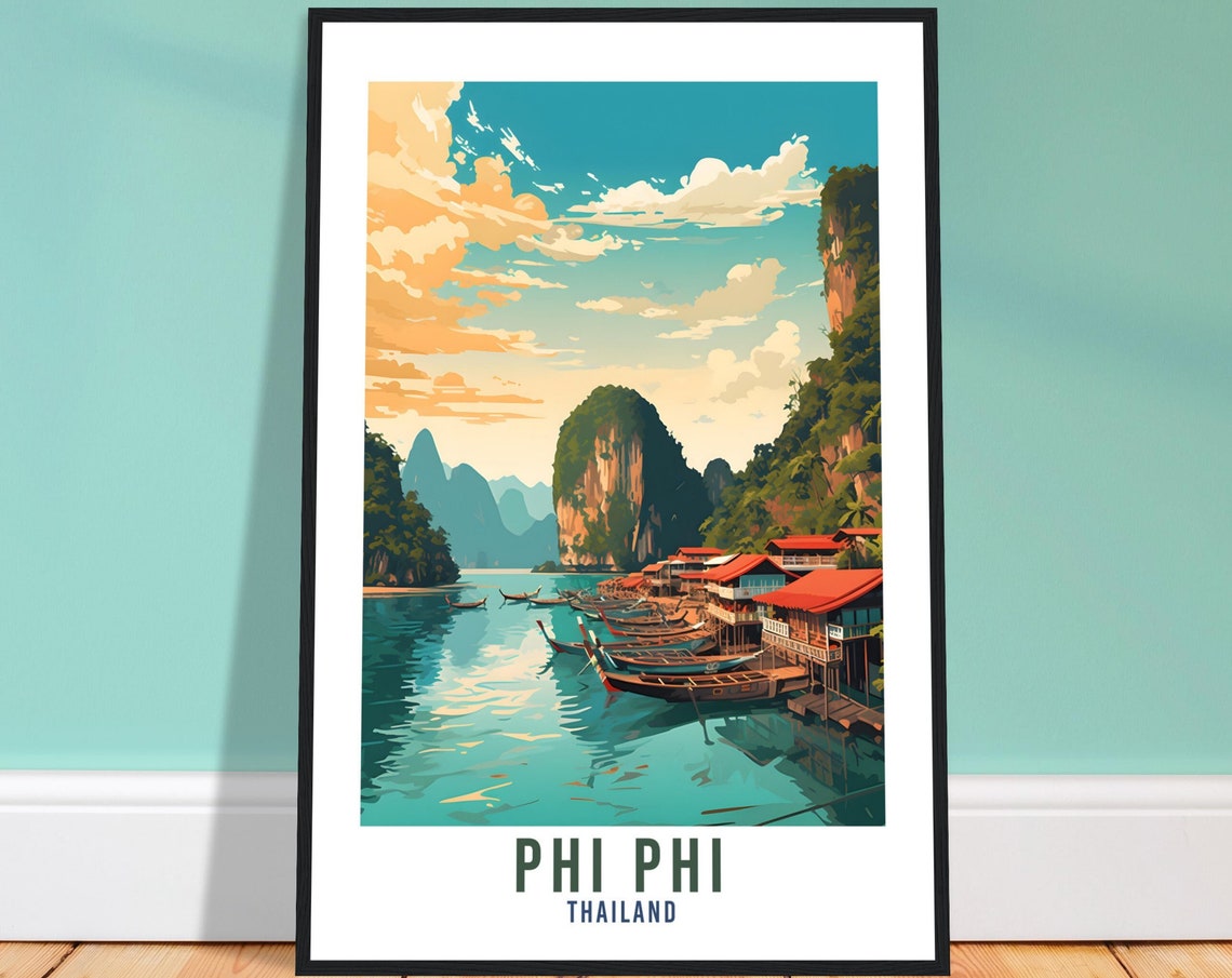 Phi Phi Thailand Limestone Cliffs Longtail Boats Bay Travel Poster