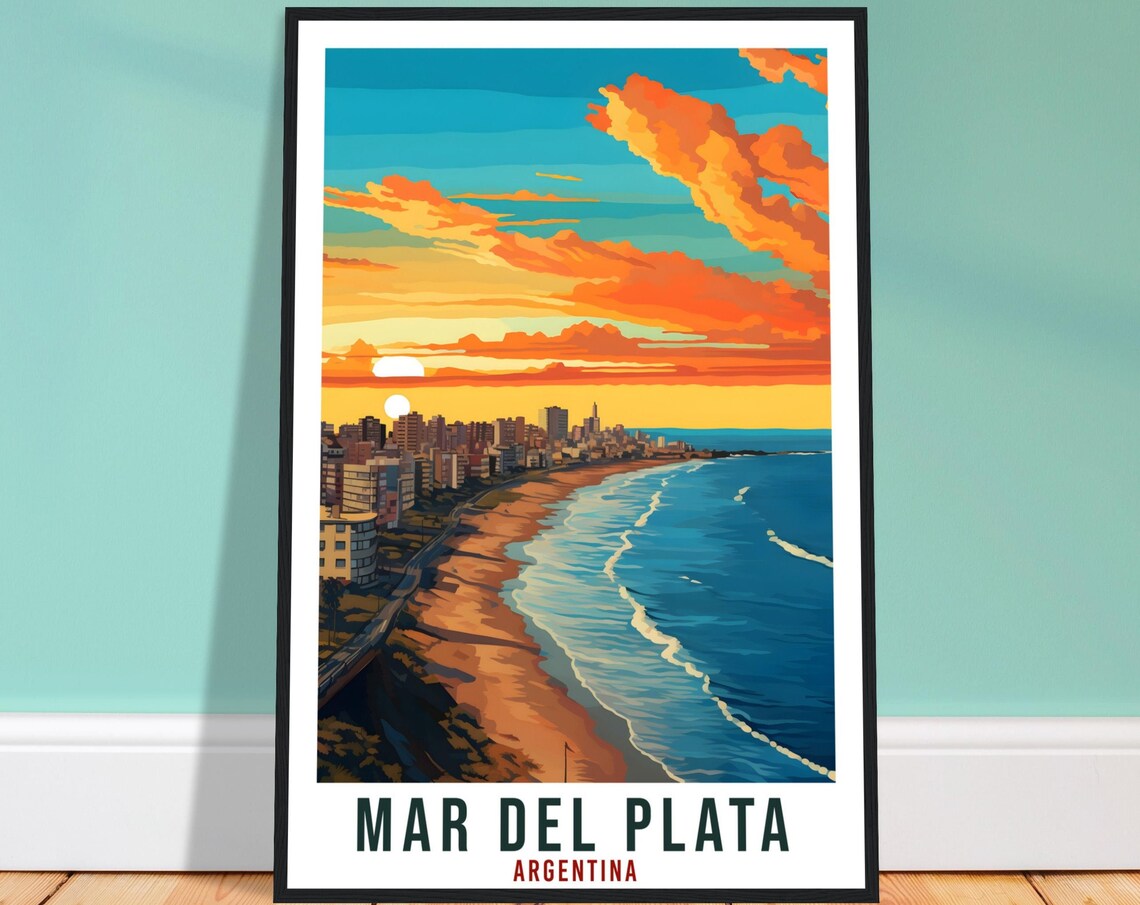 Mar del Plata Argentina Beach Skyline Sunset Ocean Travel Poster