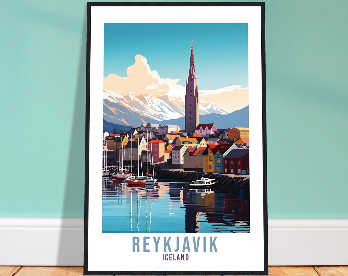 Reykjavik Iceland Harbor Church Spire Snowy Mountain Travel Poster