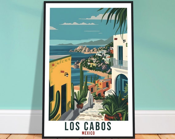 Los Cabos Mexico Hillside Village Ocean View Cactus Stone Steps Poster