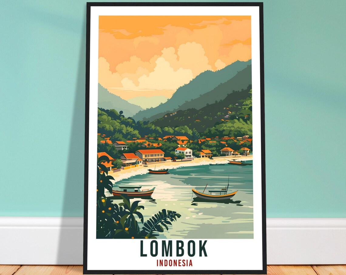 Lombok Indonesia Fishing Boat Bay Mountain Illustrated Art Poster