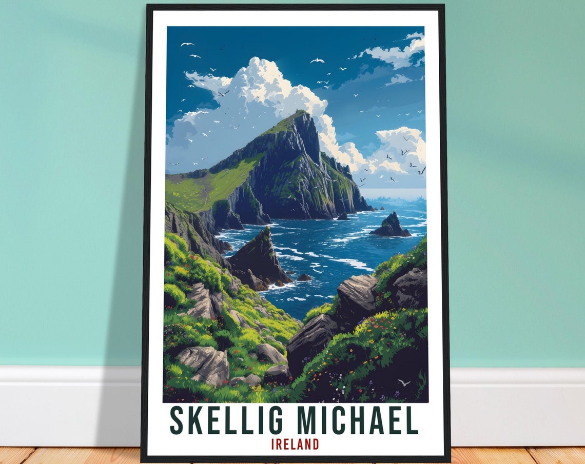 Skellig Michael Dramatic Sea Cliffs Seabirds Ireland Travel Poster