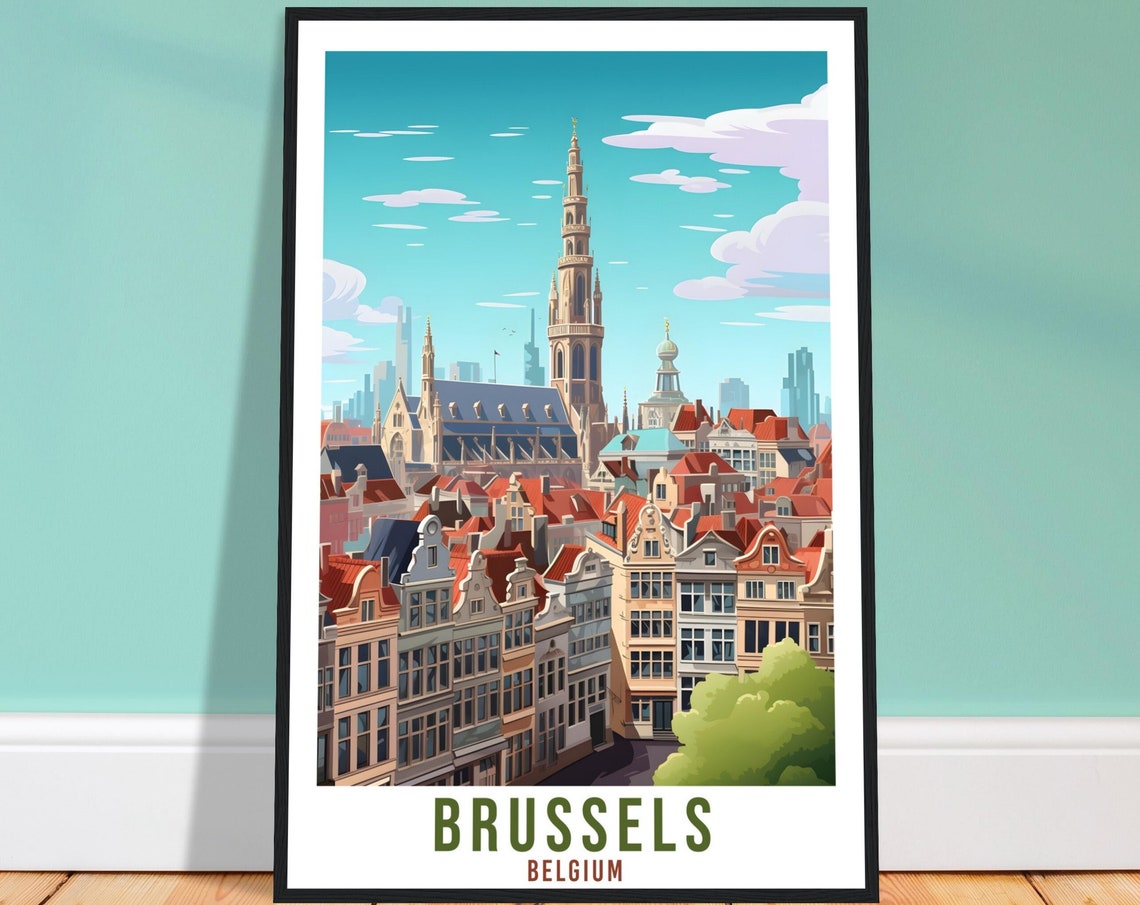 Brussels Belgium Rooftop Travel Poster Town Hall Spire Cityscape
