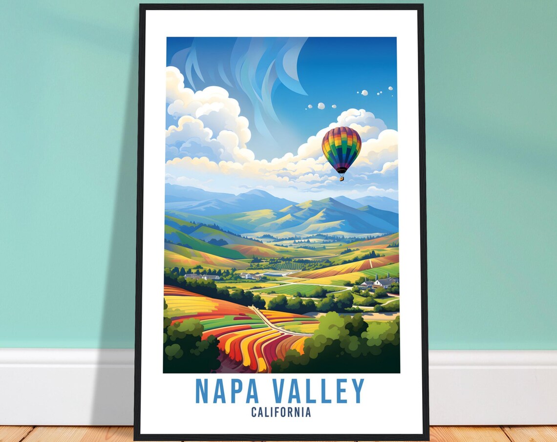 Napa Valley California Hot Air Balloon Vineyard Hills Travel Poster