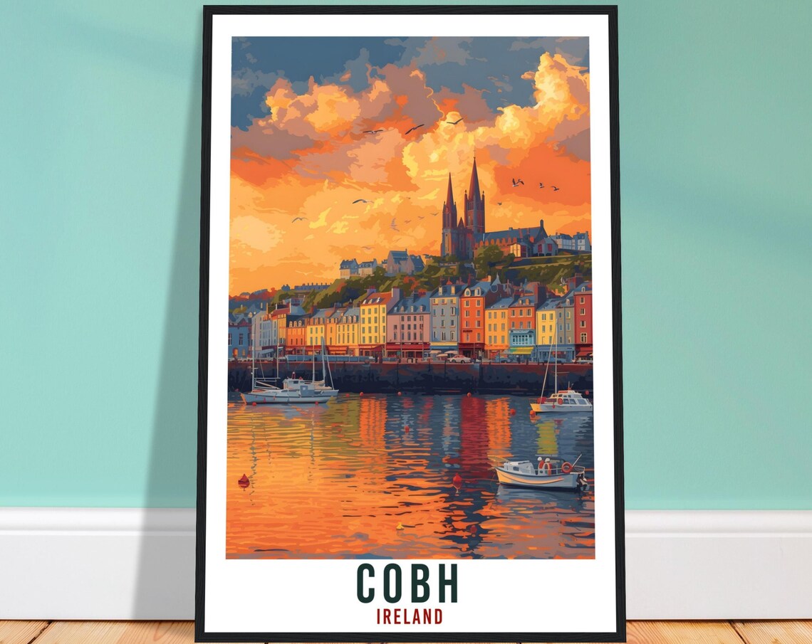Cobh Ireland Harbor Sunset Vintage Travel Illustration Poster