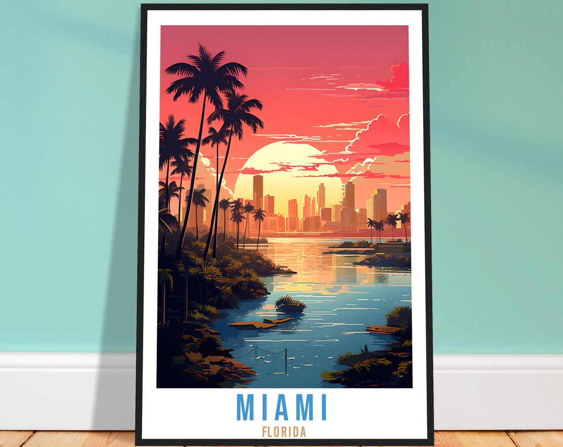 Miami Florida Skyline Sunset Palms Big Sun Waterfront Travel Poster