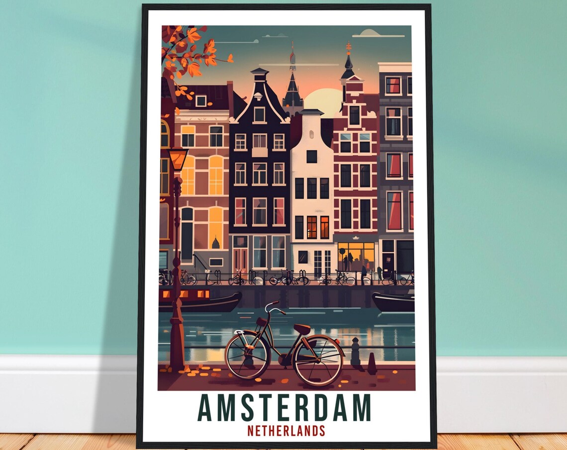 Amsterdam Netherlands Iconic Canal Houses and Bikes in Autumn Poster