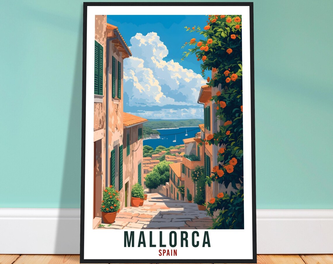 Mallorca Spain Flowering Old Town Alley Seaside Travel Poster