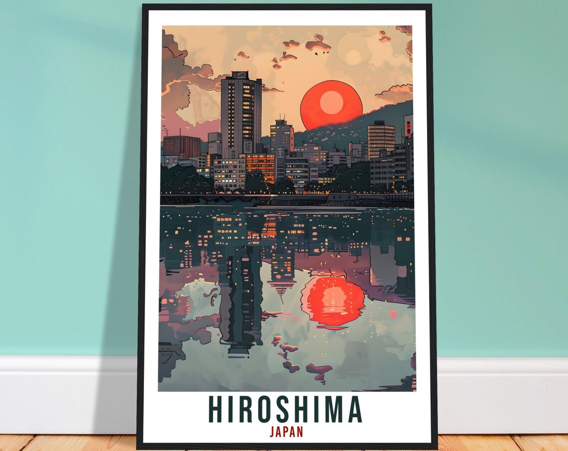 Hiroshima Japan City Skyline Red Sun Water Reflection Travel Poster