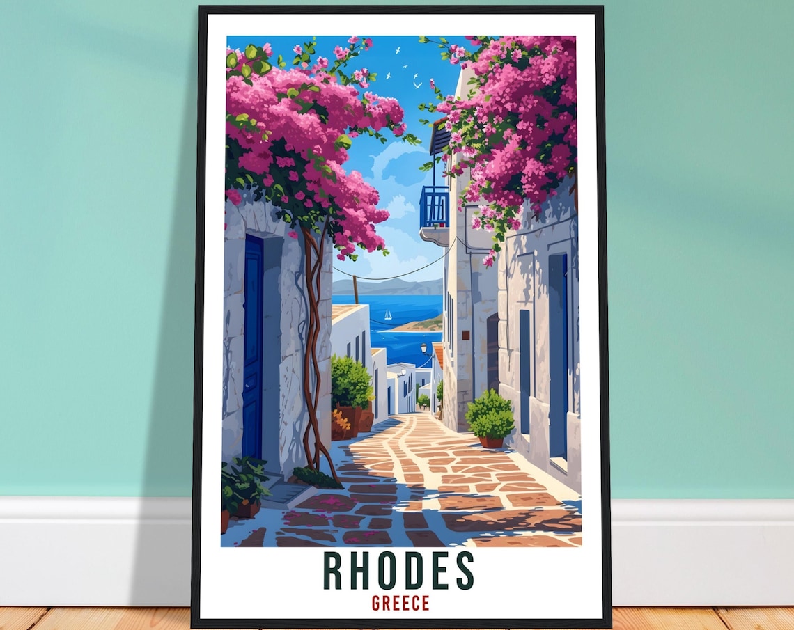 Rhodes Greece Travel Poster Bougainvillea Alley Aegean Sea View