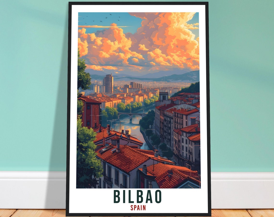 Bilbao Spain River Rooftops Golden Sunset Cityscape View Poster