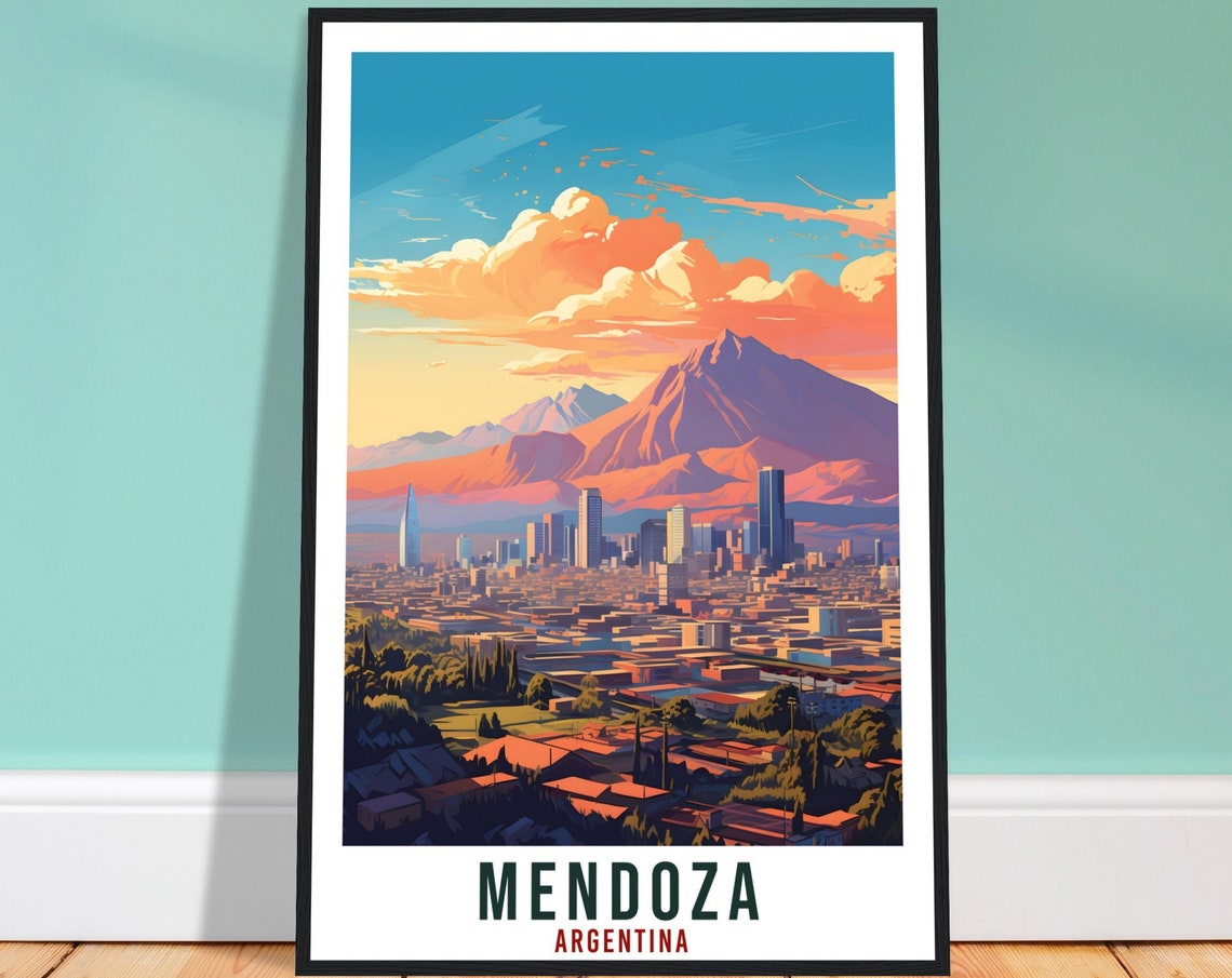Mendoza Argentina Andes Mountains City Sunset Retro Travel Poster