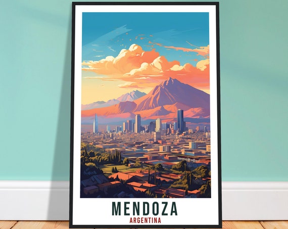 Mendoza Argentina Andes Mountains City Sunset Retro Travel Poster