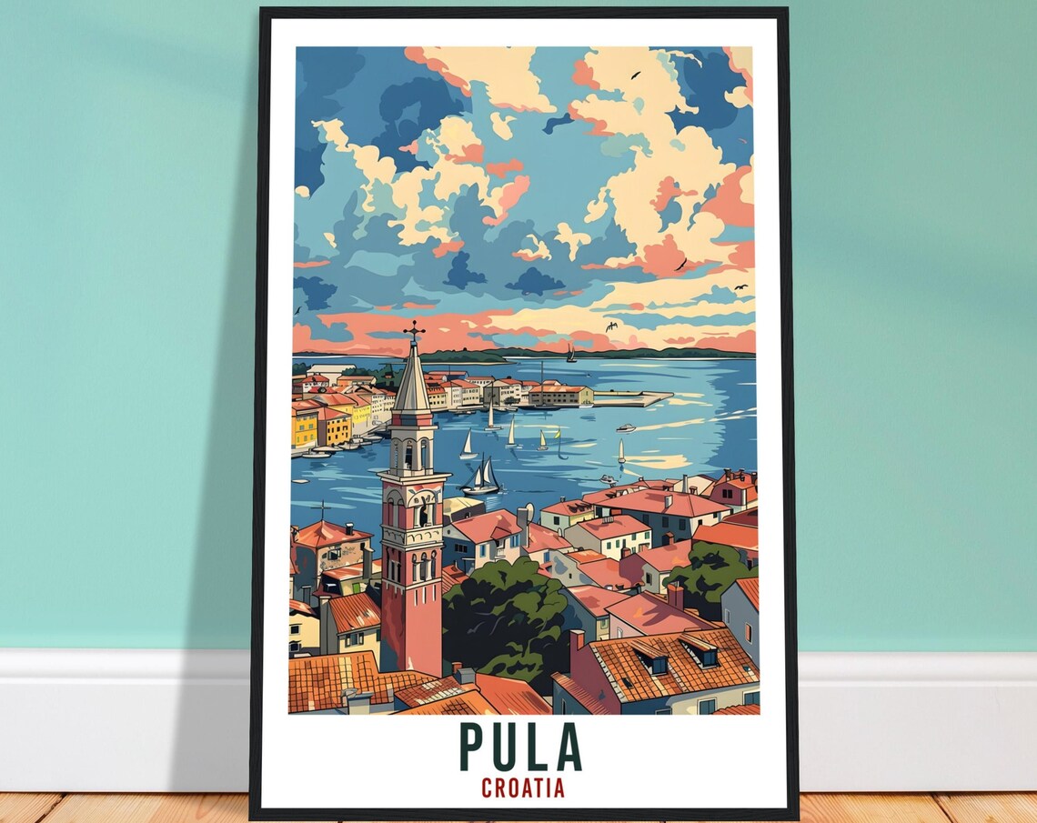 Vintage Pula Croatia Coastal Sunset Harbor Old Town Travel Poster