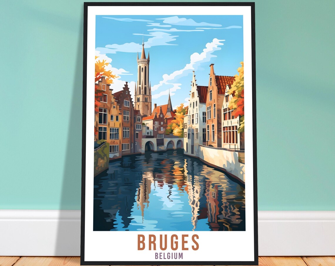 Bruges Belgium Canal Travel Poster Vintage Illustration Style