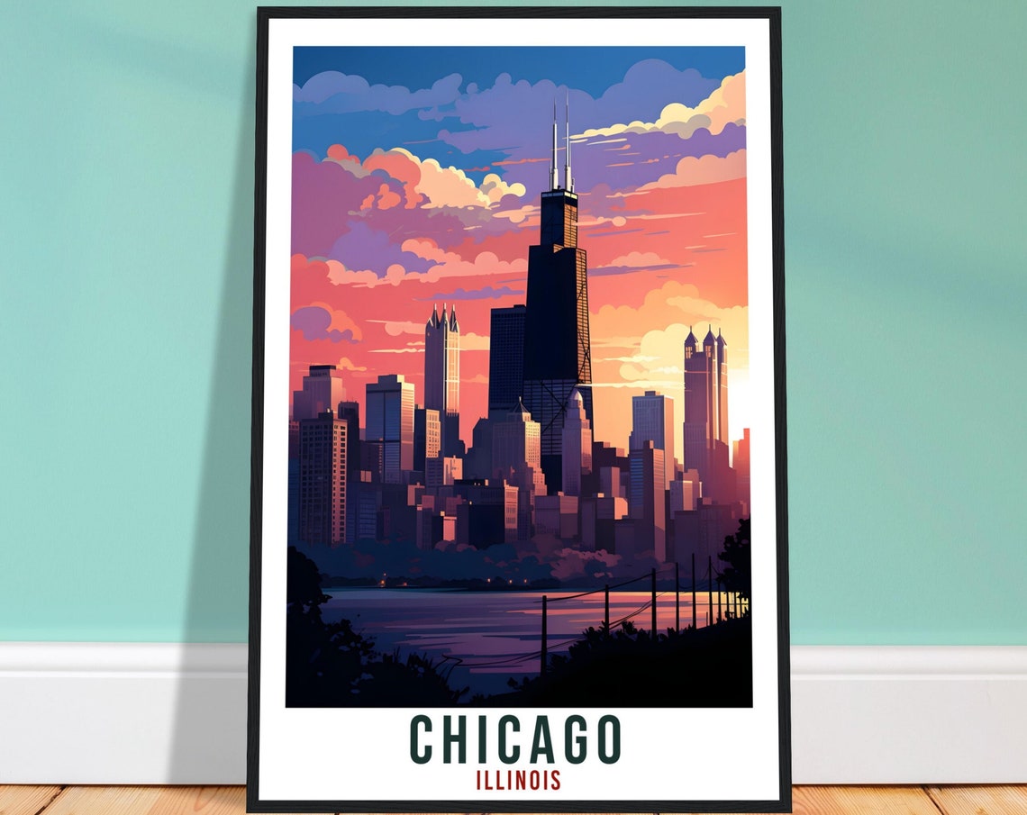 Chicago Illinois Downtown Skyline at Dusk Willis Tower Lake Poster