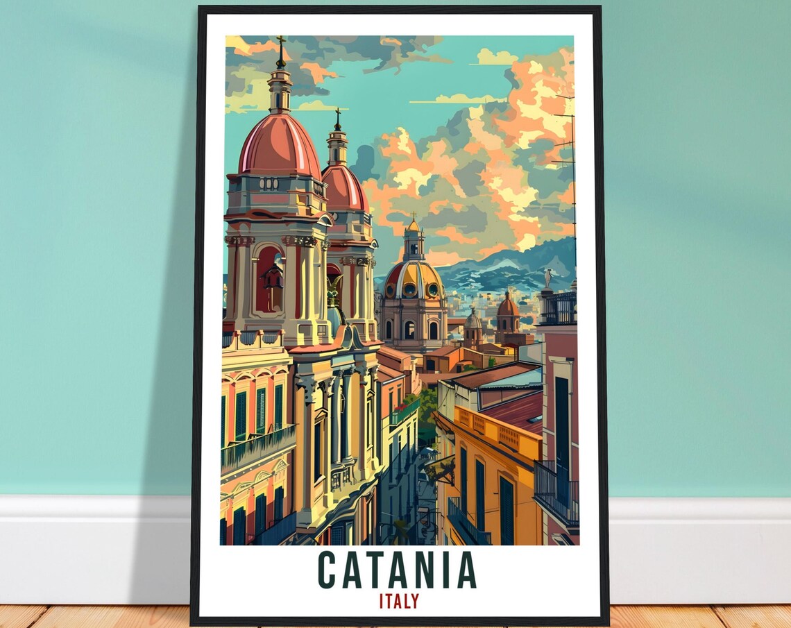 Catania Italy Baroque Church Domes in Golden Sky Travel Poster