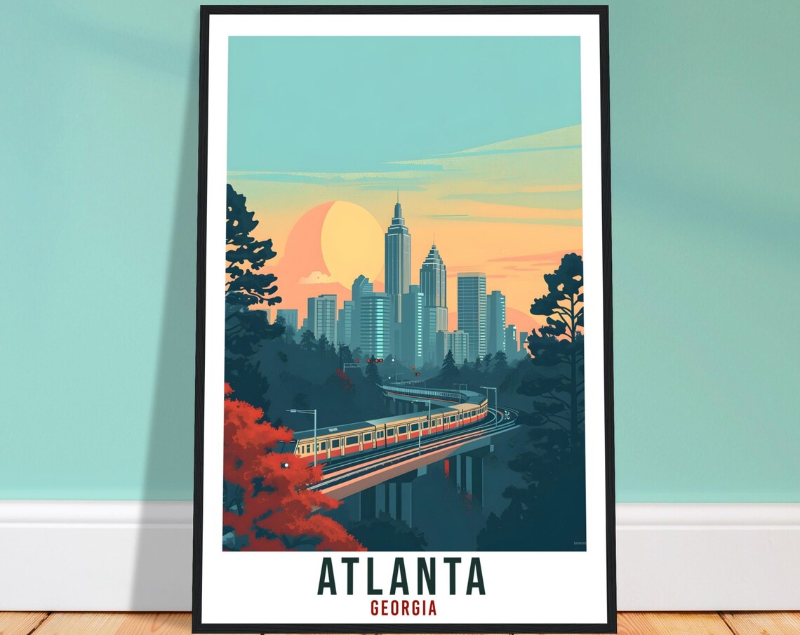Atlanta Georgia Skyline Train Cityscape Sunset Travel Poster