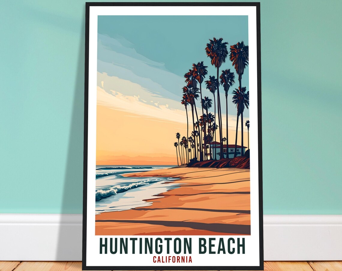 Huntington Beach California Palms Sunset Vintage Style Travel Poster