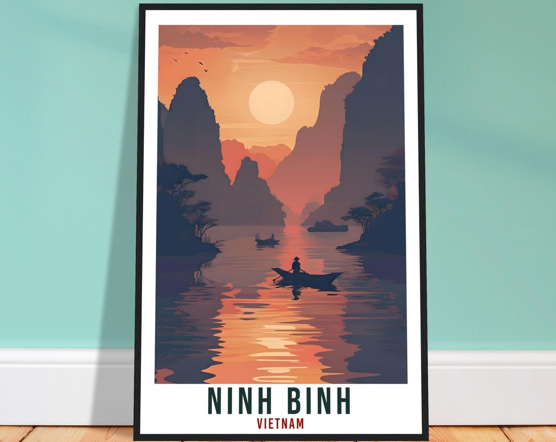 Ninh Binh Vietnam Sunset River Vintage Travel Poster Karst Decor