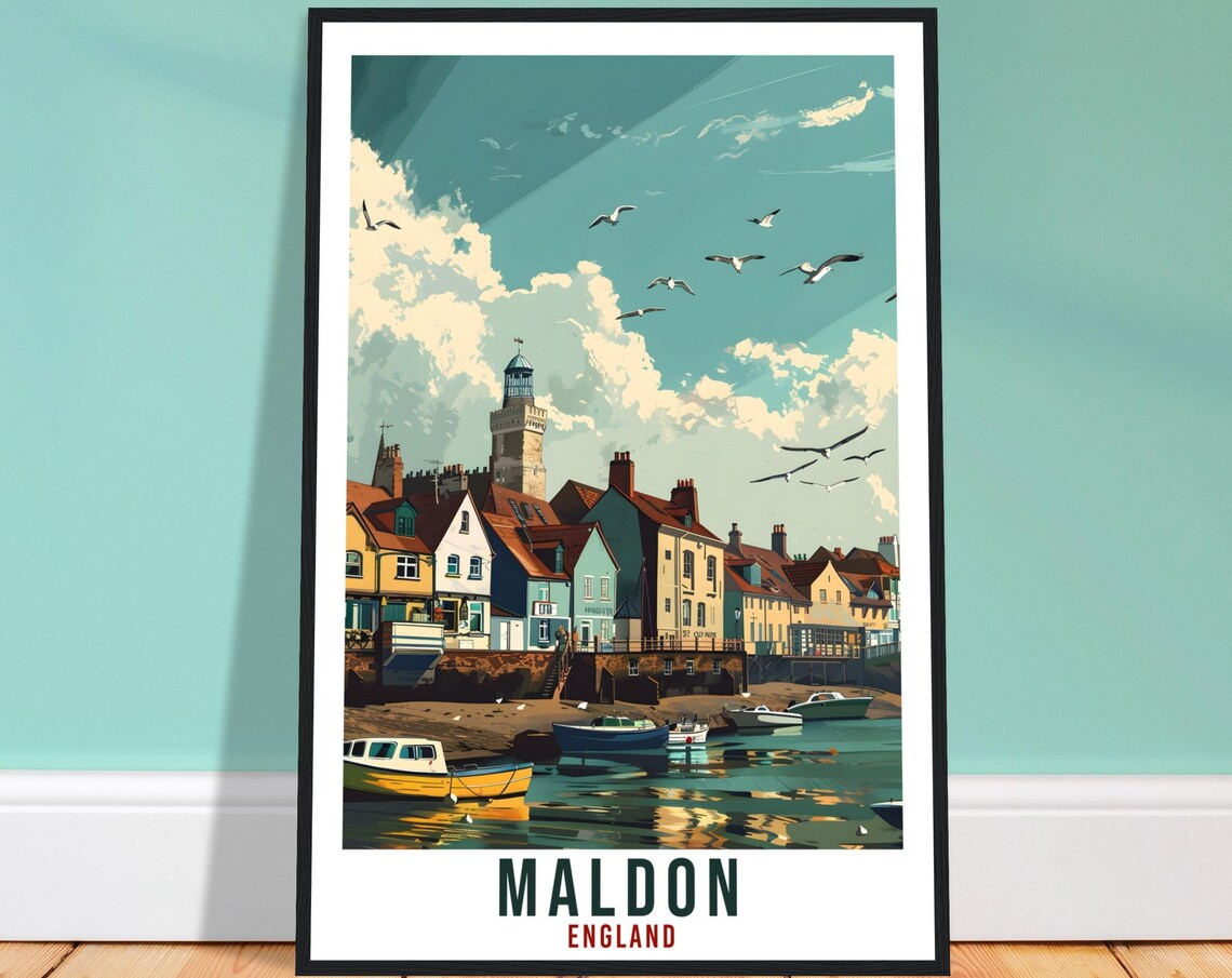 Maldon England Coastal Harbor Town Boats Vintage Travel Poster