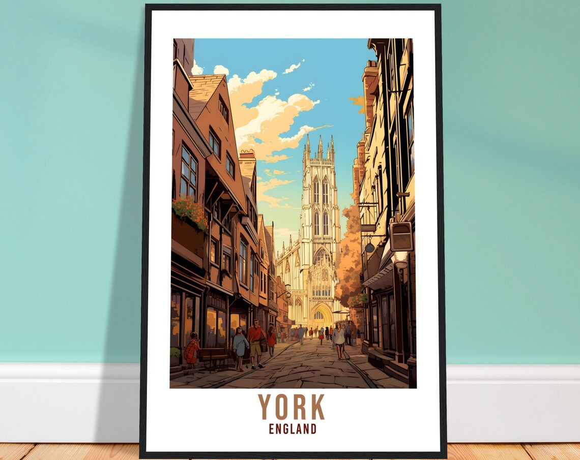 York England Cathedral Old Town Cobblestone Street Art Poster