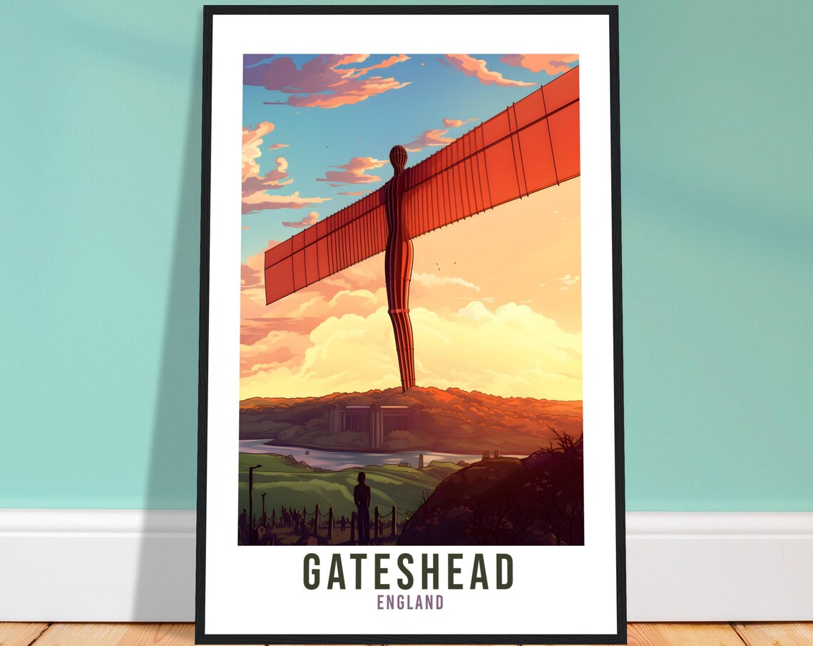 Gateshead England Angel of the North Sculpture Sunset Travel Poster