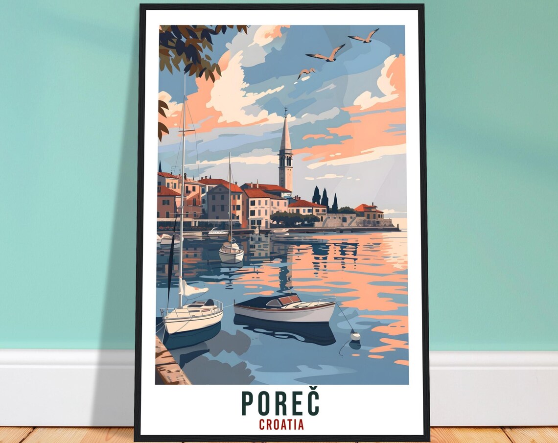 Porec Croatia Sunset Harbor Sailboat Scene Retro Travel Poster