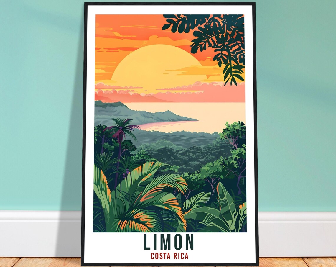Limon Costa Rica Jungle Bay Sunset Big Sun Vintage Travel Poster