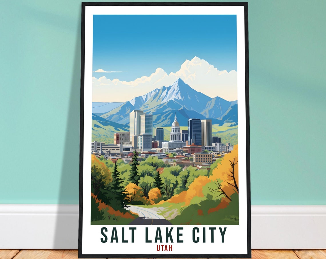 Salt Lake City Utah Skyline Wasatch Mountain Capitol Travel Poster