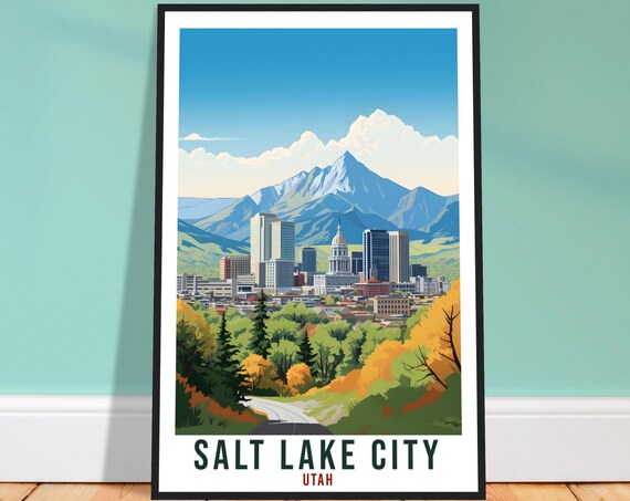 Salt Lake City Utah Skyline Wasatch Mountain Capitol Travel Poster