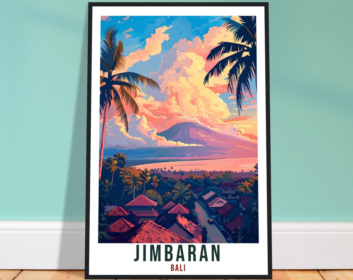 Jimbaran Bali Volcano Sunset Bay Illustrated Vintage Travel Poster