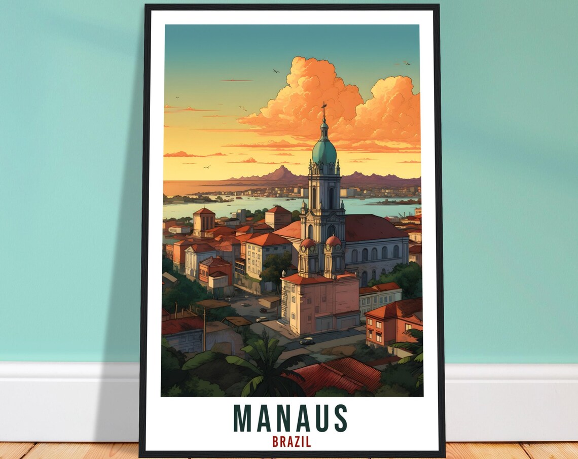 Historic Manaus Brazil Cathedral Amazon Sunset City Travel Poster