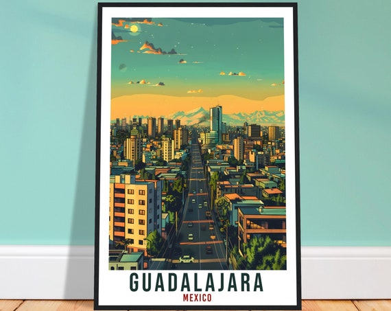 Guadalajara Mexico Modern Skyline at Dusk Mountain Sunset Travel Poster