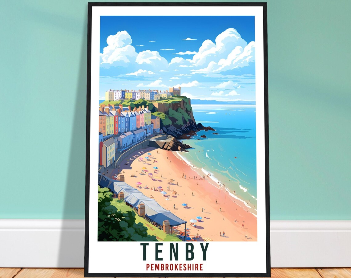 Tenby Pembrokeshire Beach Colourful Houses Cliff Coast Poster