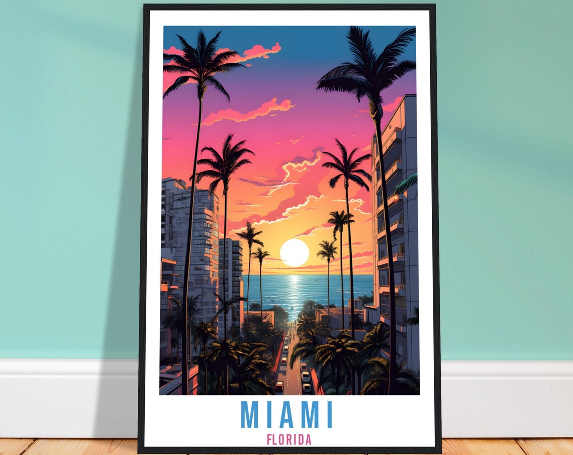 Miami Florida Palm Street Sunset Ocean Condos Pink Sky Travel Poster