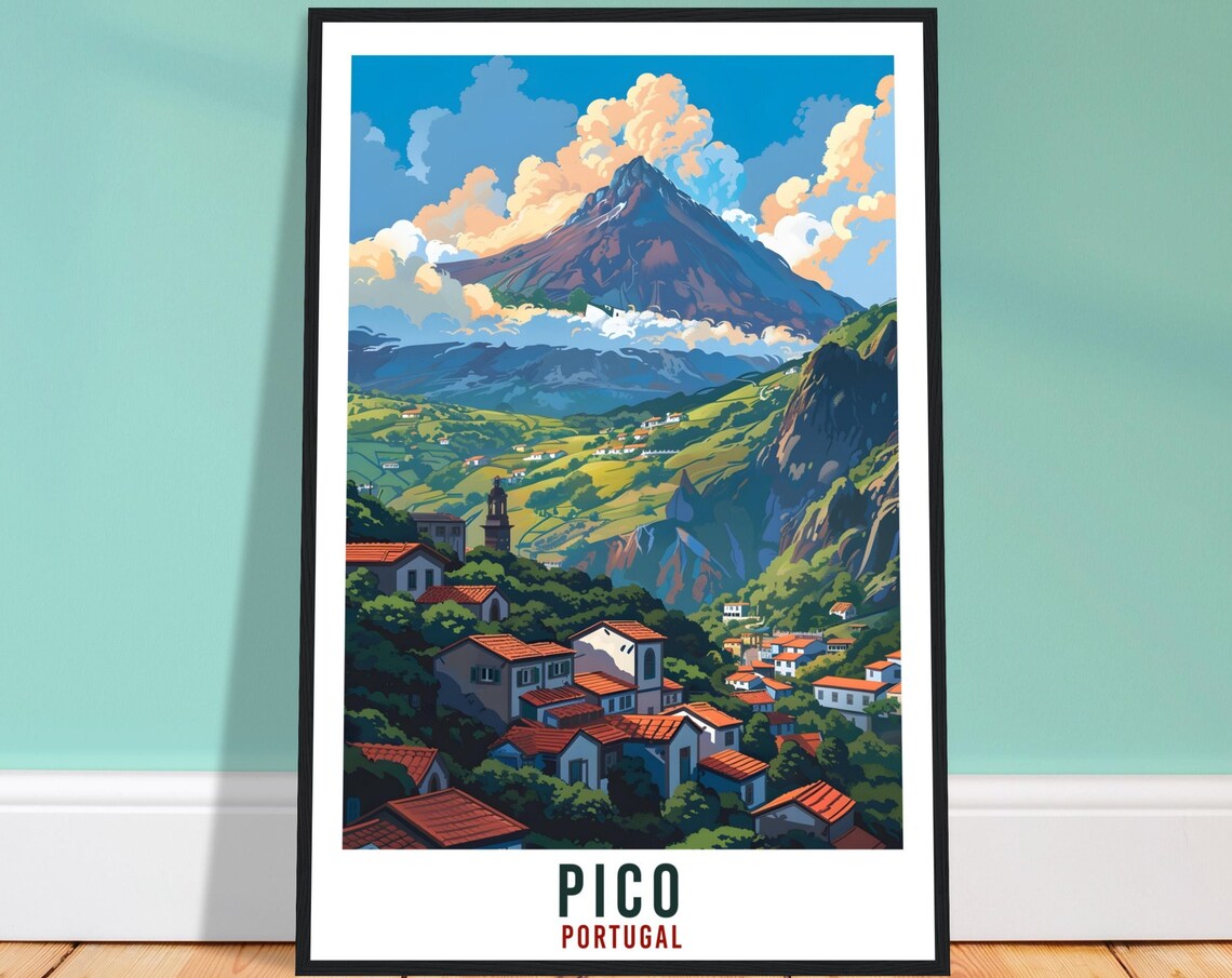 Pico Portugal Volcanic Mountain Village Green Valley Travel Poster