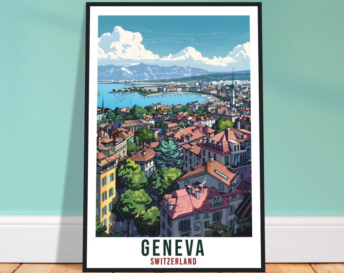 Geneva Switzerland Lakeside Rooftops Lake Panorama Travel Poster