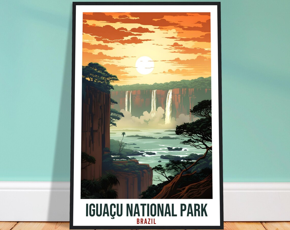 Iguacu National Park Brazil Waterfalls Sunset Cliffs River View Poster