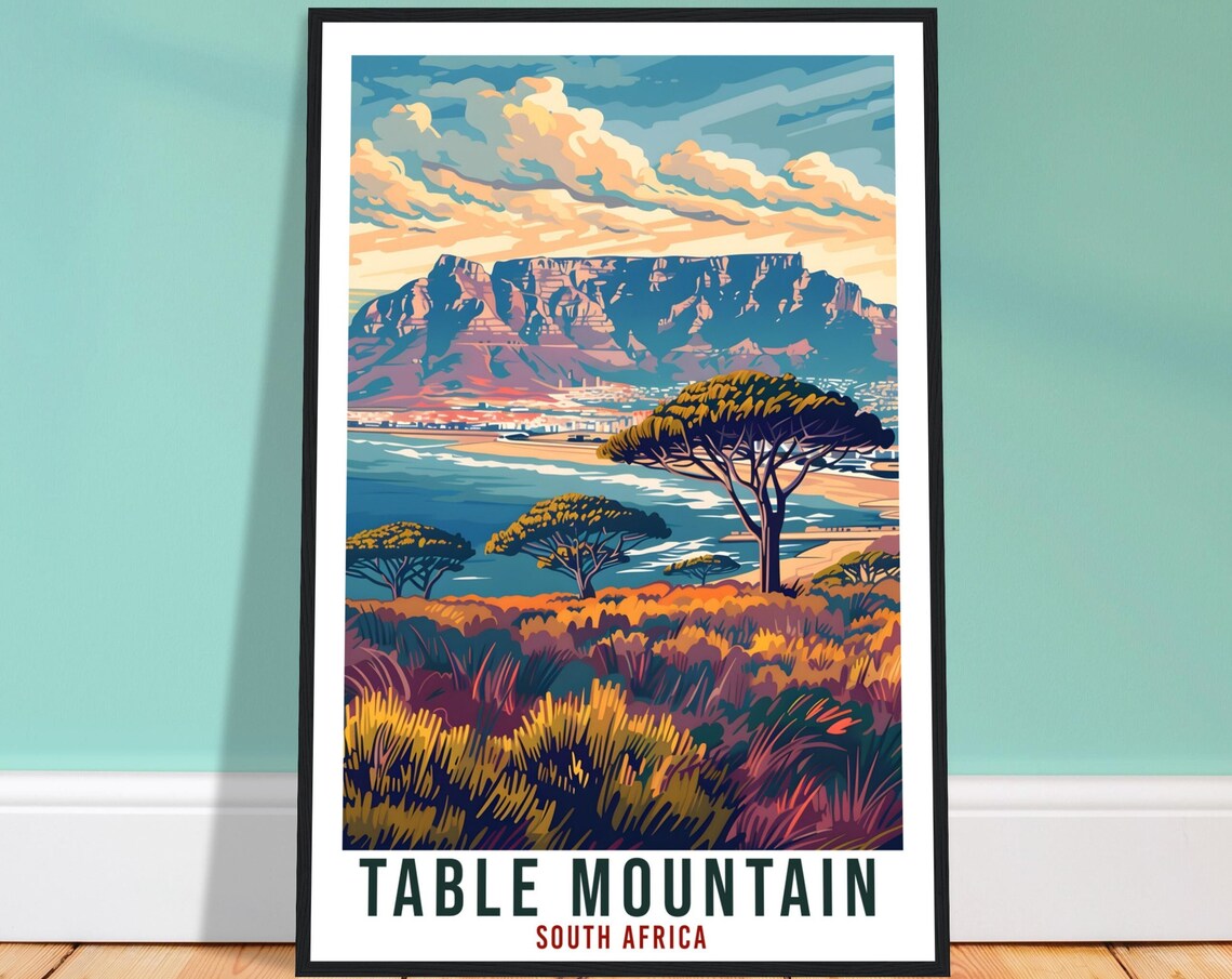 Table Mountain South Africa Travel Poster Cape Town Bay Artwork