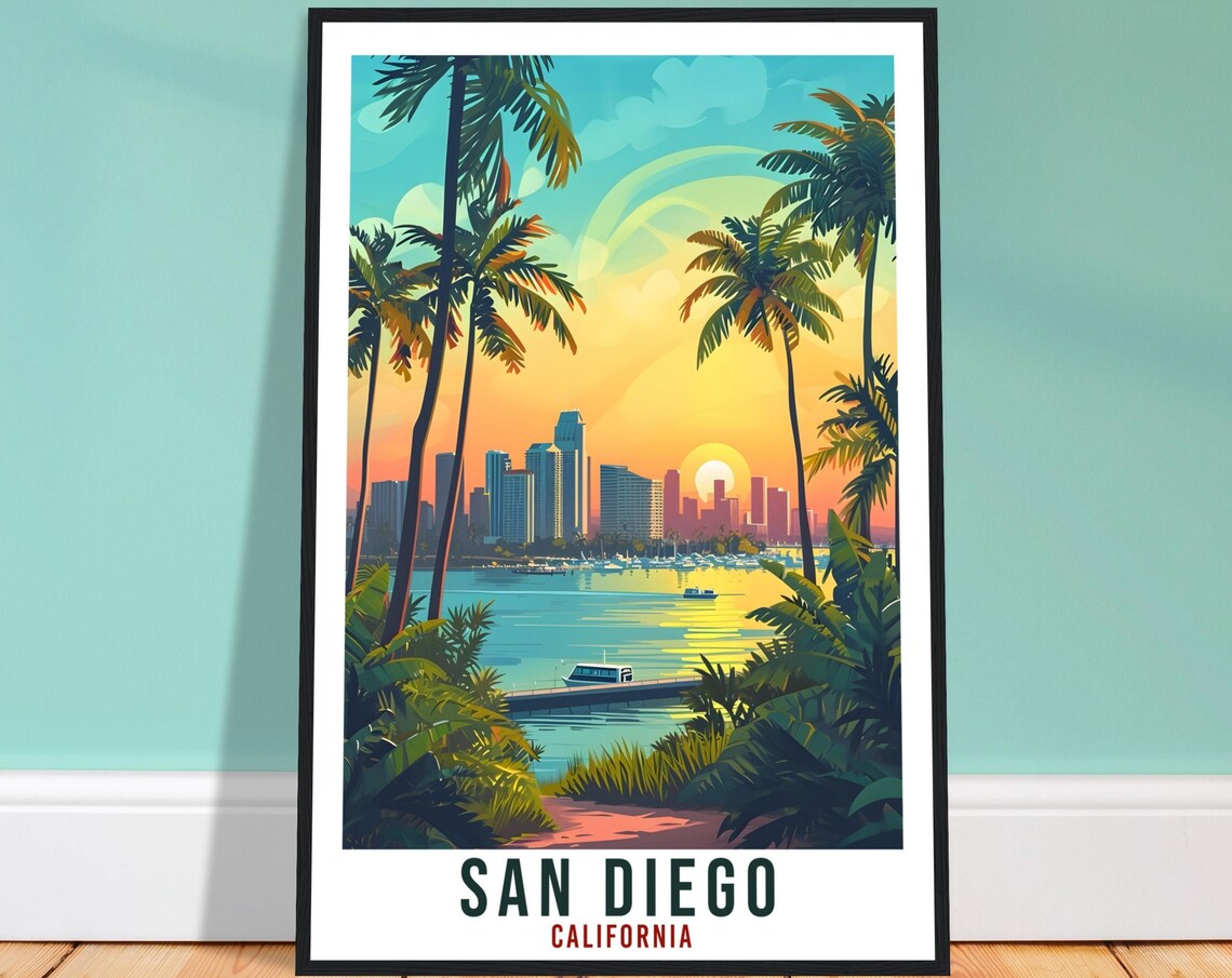 San Diego California Travel Poster Palm Sunset Skyline Beach View