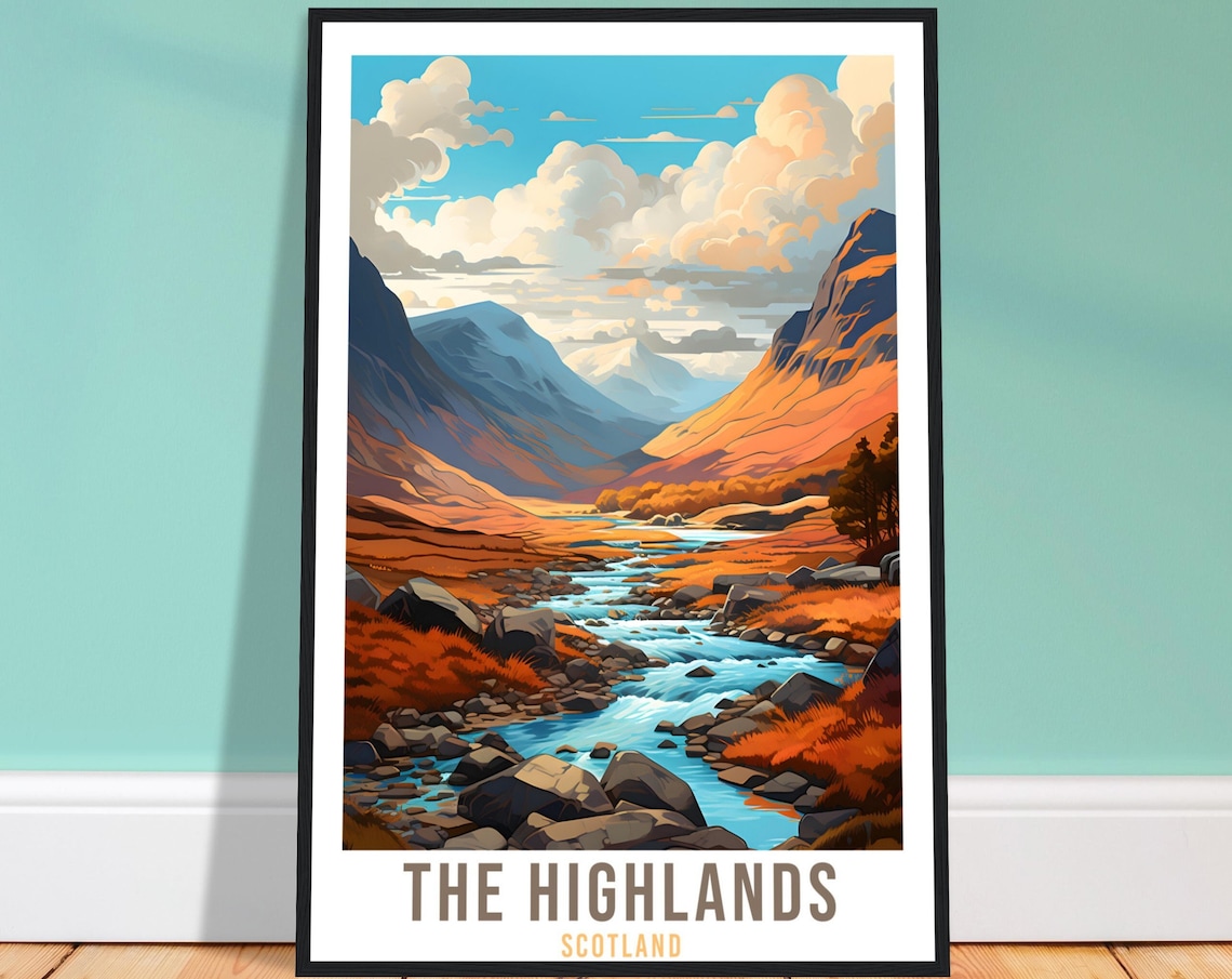 Scottish Highlands Travel Poster, Mountain Landscape Scotland
