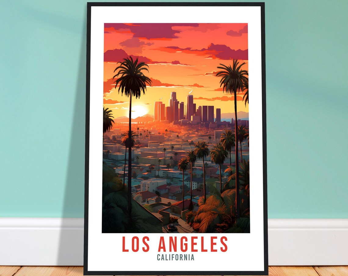 Los Angeles California Downtown Skyline Sunset Palm Trees Poster