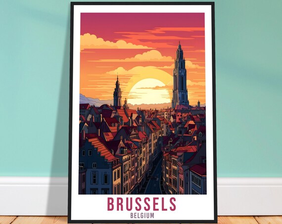Brussels Belgium Sunset Travel Poster Retro Cityscape Skyline