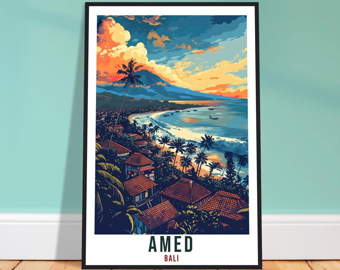 Amed Bali Sunset Coast Fishing Village Volcano Travel Poster