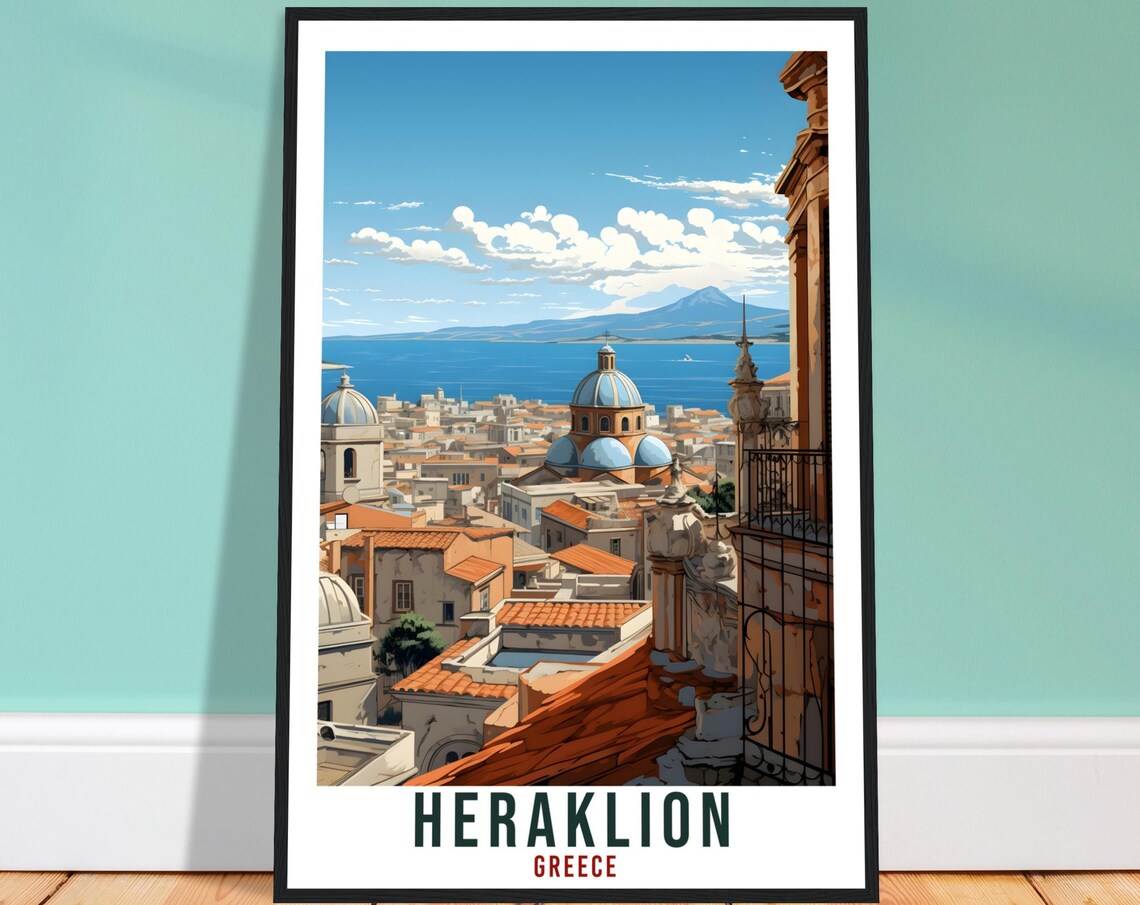 Heraklion Greece Crete City Rooftops Sea Vintage Travel Poster
