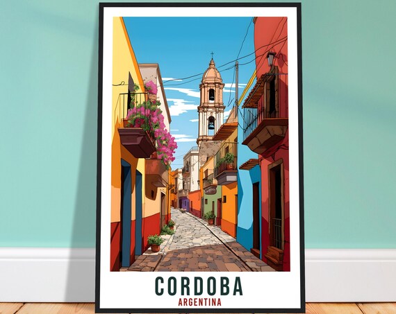 Cordoba Argentina Colonial Street Church Tower Vintage Travel Poster