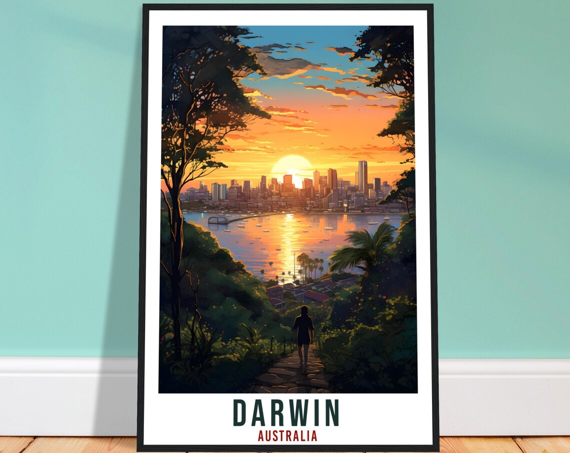 Darwin Australia Sunset Harbor Skyline Vintage Travel Poster