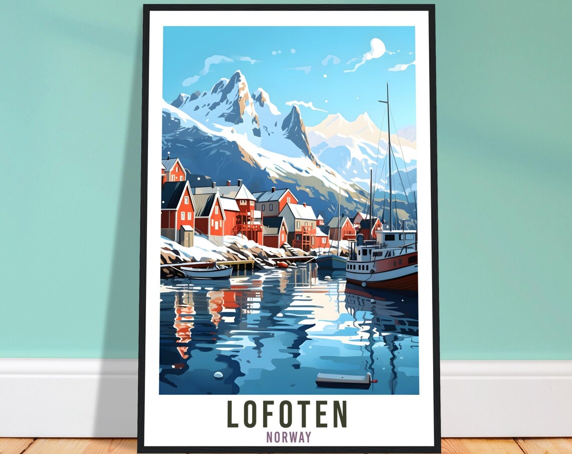 Lofoten Norway Arctic Fishing Village Red Cabins Mountain Poster