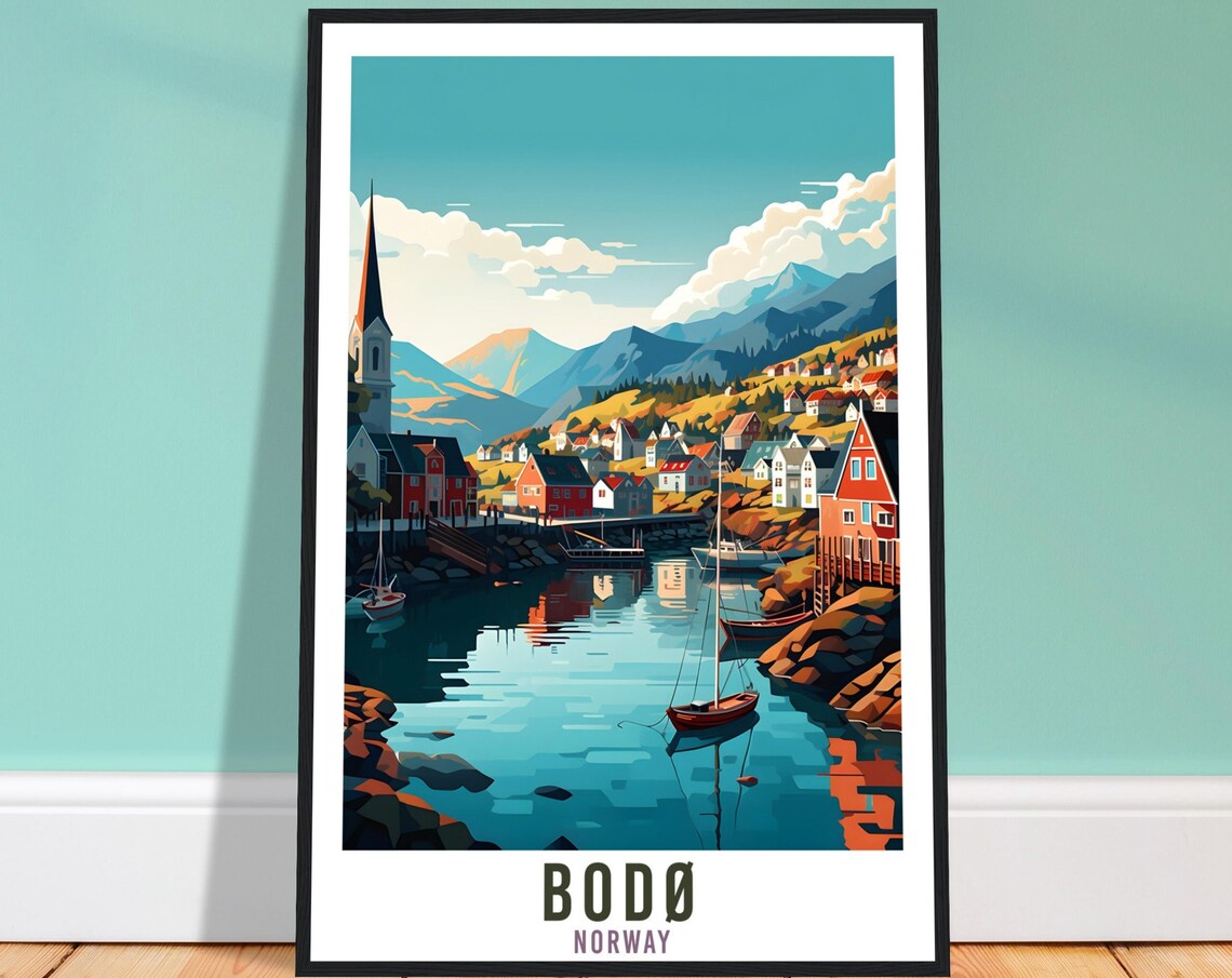 Bodo Norway Harbor Travel Poster Sailboats Fjord Mountain Town